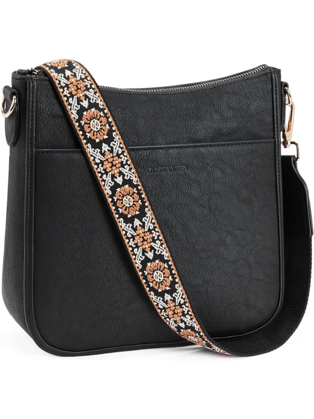 Women's Black Vegan Leather Crossbody Bags Trendy Wide Shoulder Strap Hobo Bags
